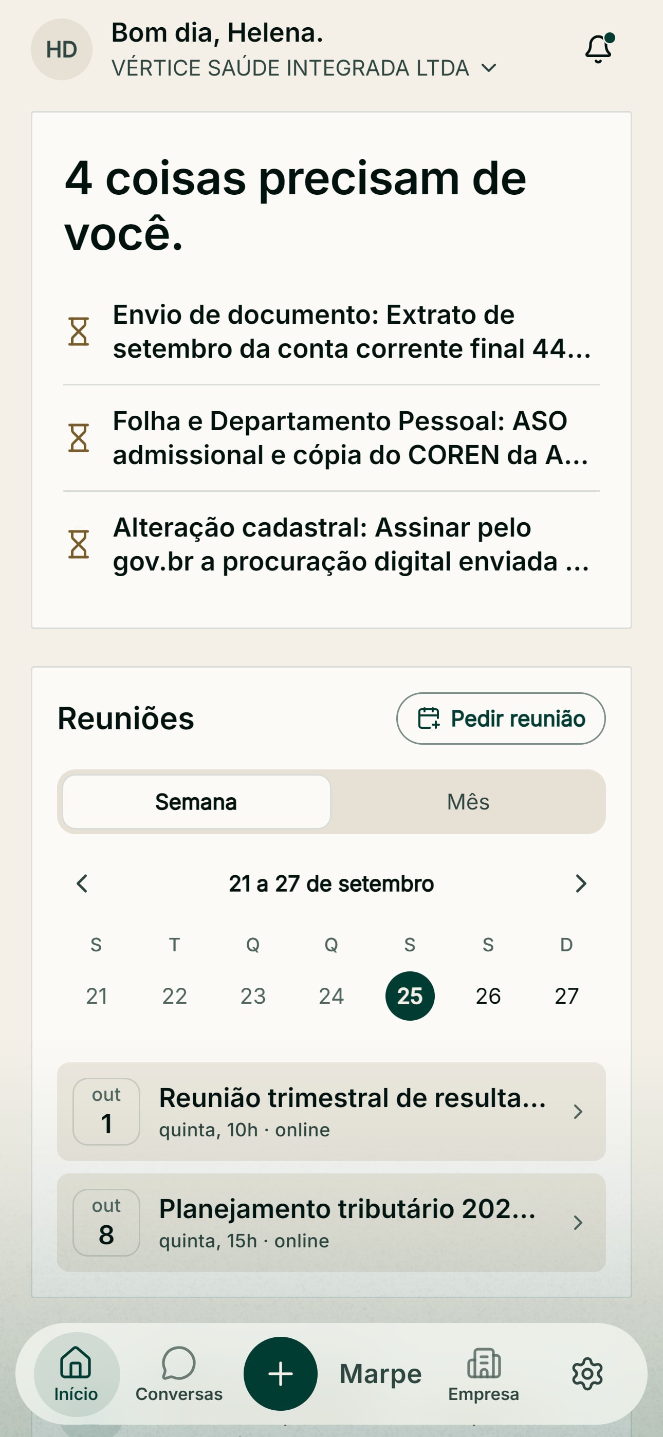 Tela inicial do Marpe App, dados fictícios