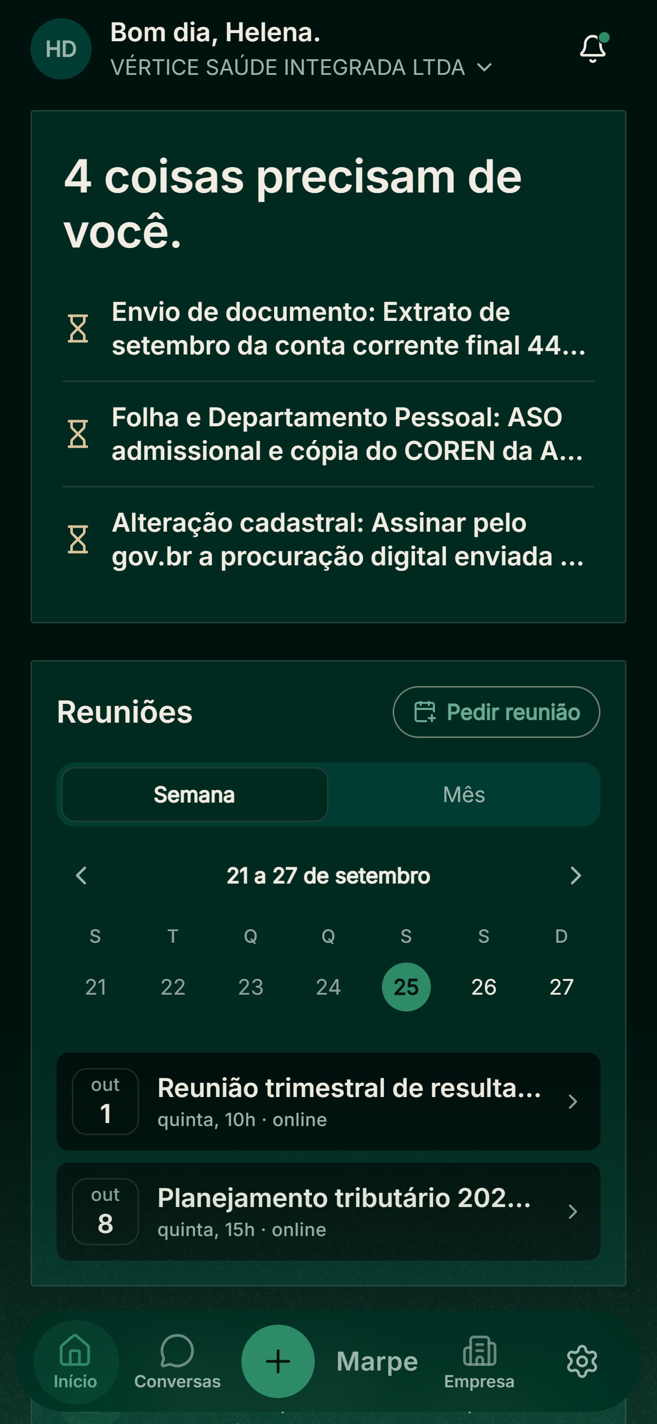 Início do Marpe Talk, com dados fictícios
