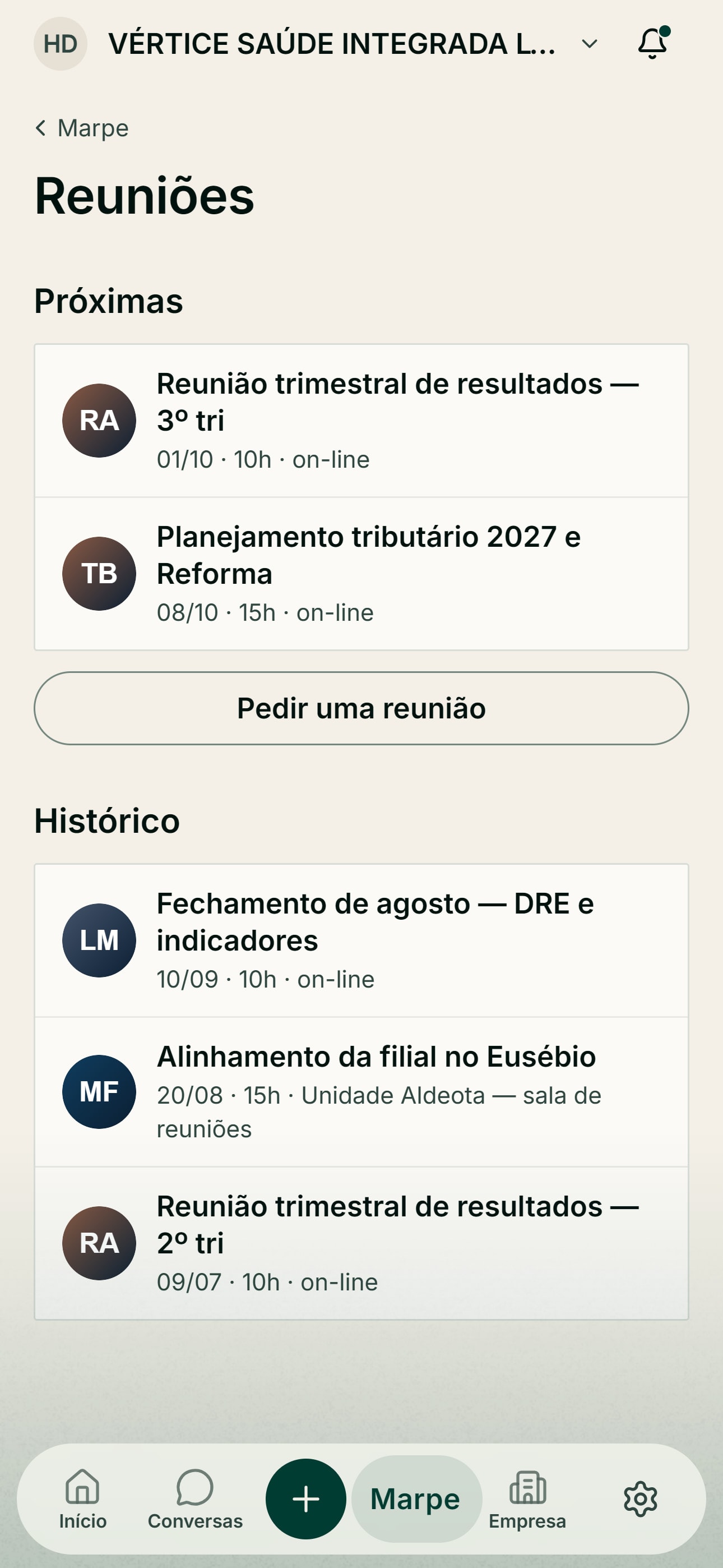 Reuniões no Marpe Talk, com dados fictícios