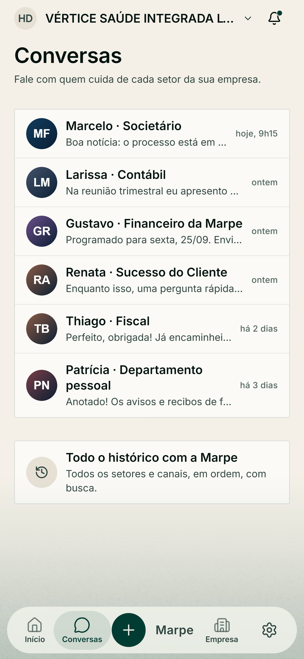 Conversas por setor no Marpe Talk, com dados fictícios