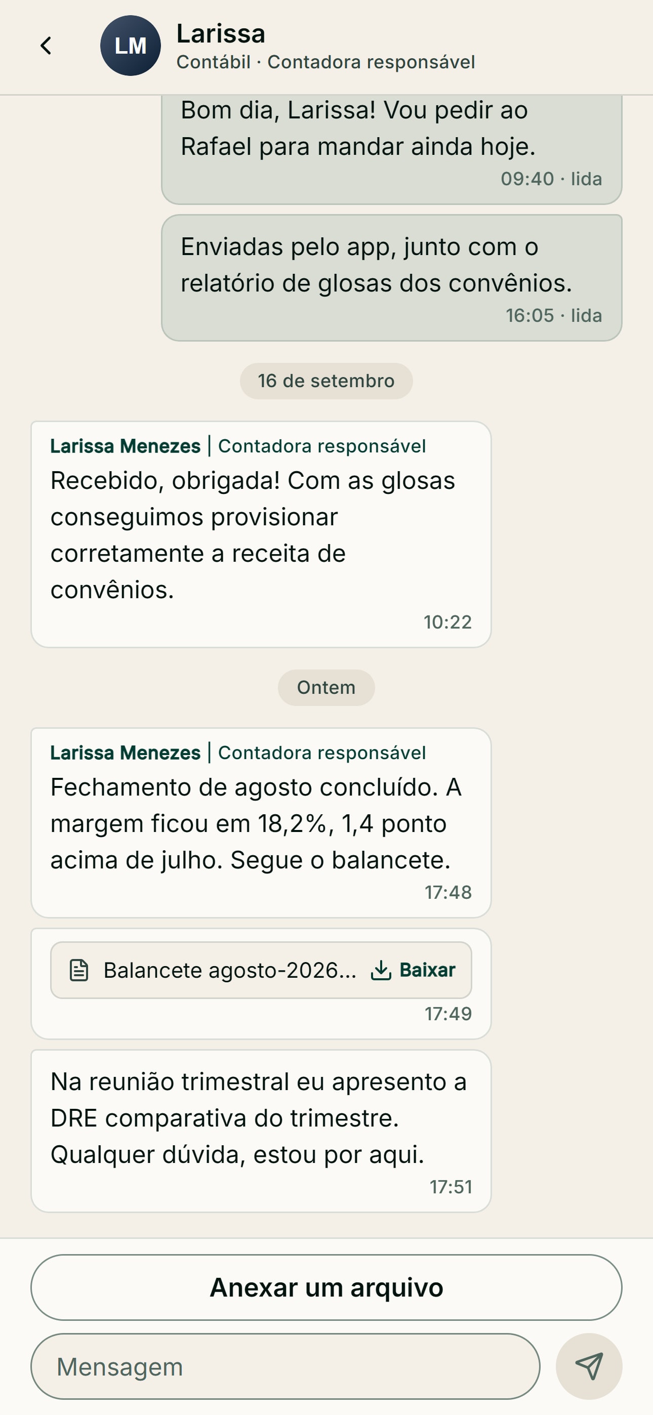Conversa com o time no Marpe Talk, dados fictícios
