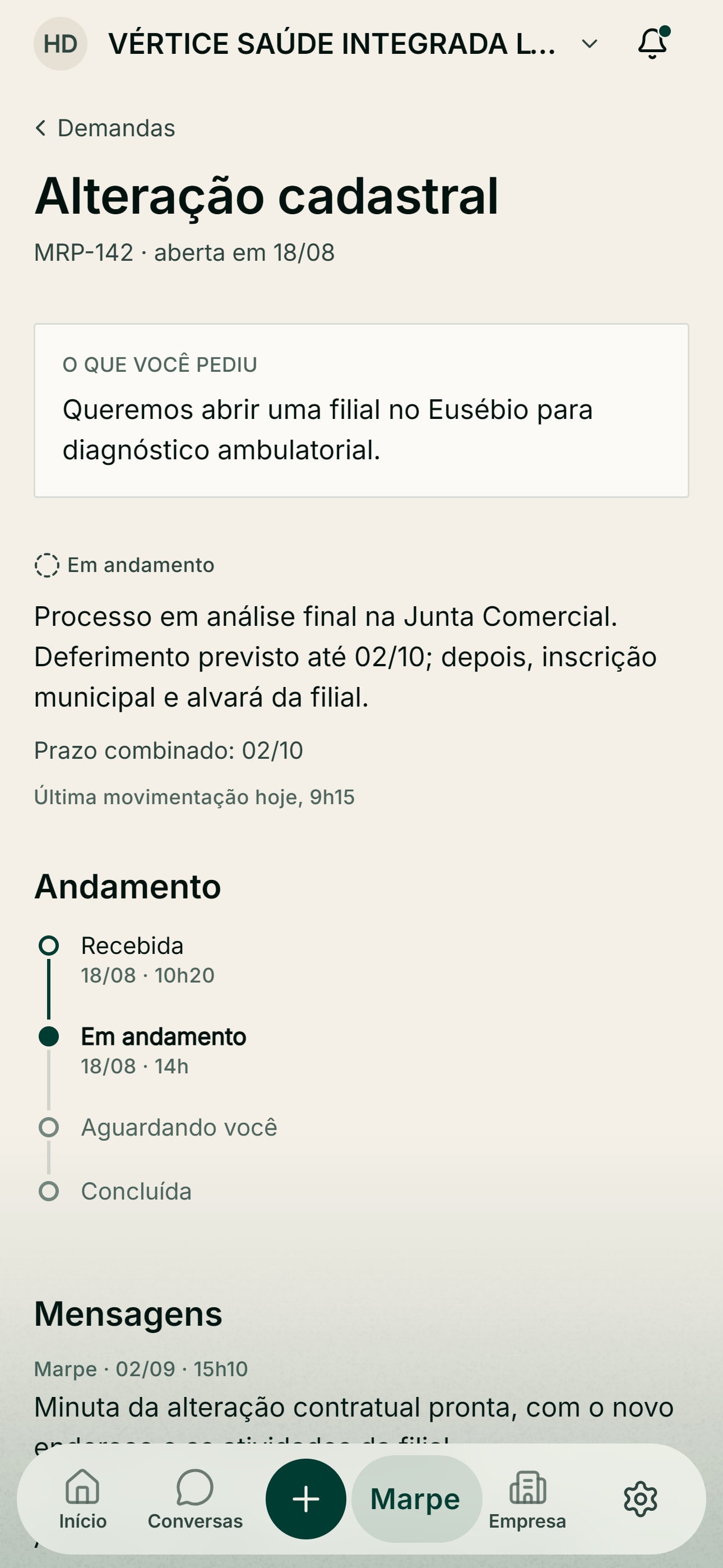 Pedido com andamento no Marpe Talk, dados fictícios
